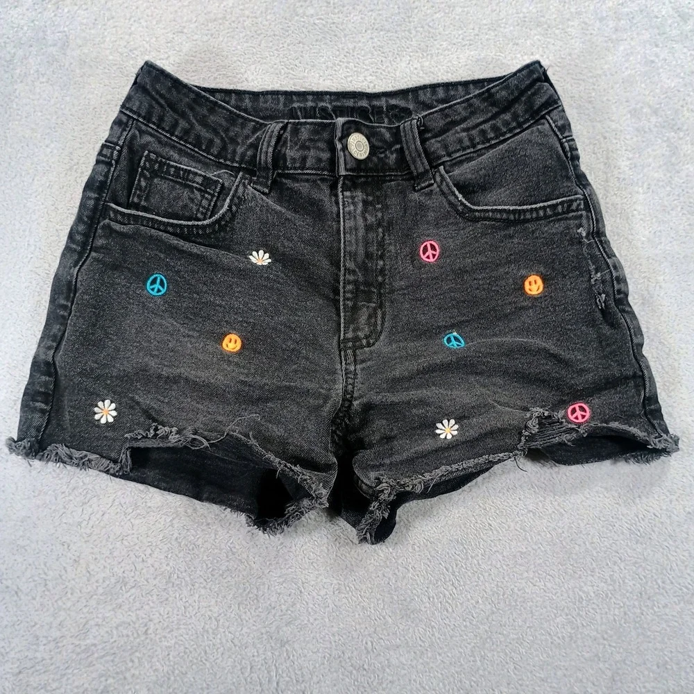 Justice Girls Denim Shorts Black Size 12 Embroidered Peace Smiley Daisy